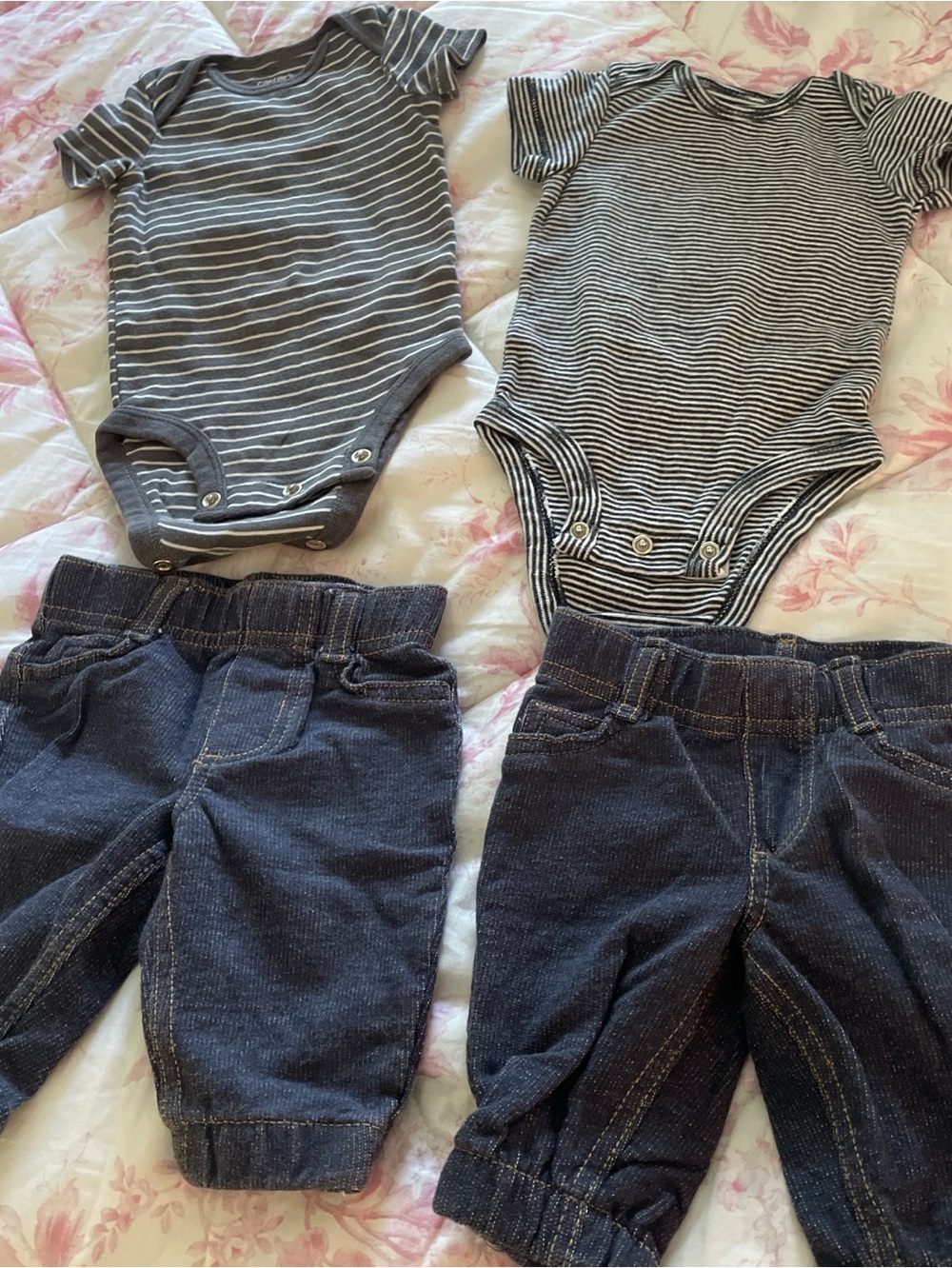 2 Striped Baby Bodysuits & Dark Denim Pants Sets